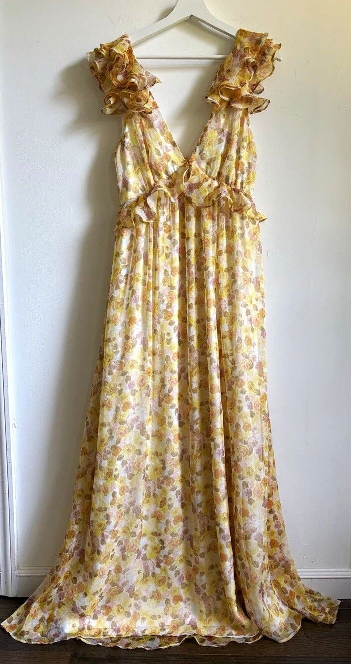 Aakaa Maxi Dress M Yellow White Floral Chiffon Ruffle Open Back fairy cottage wh